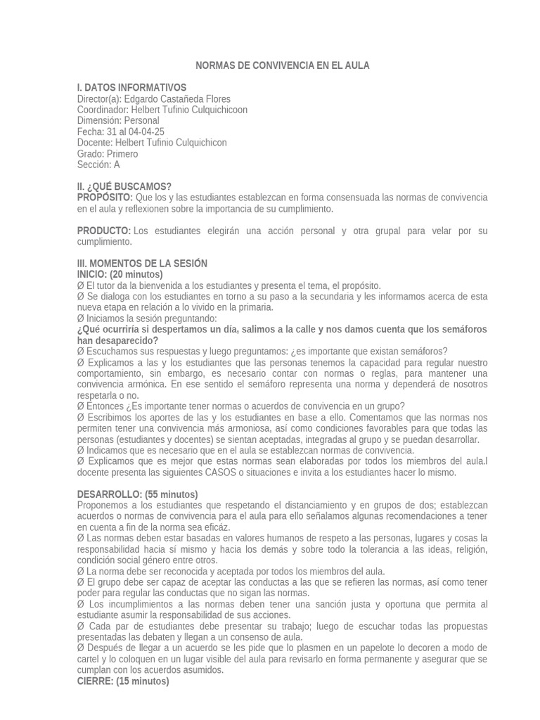 Normas de Convivencia en el Aula | PDF