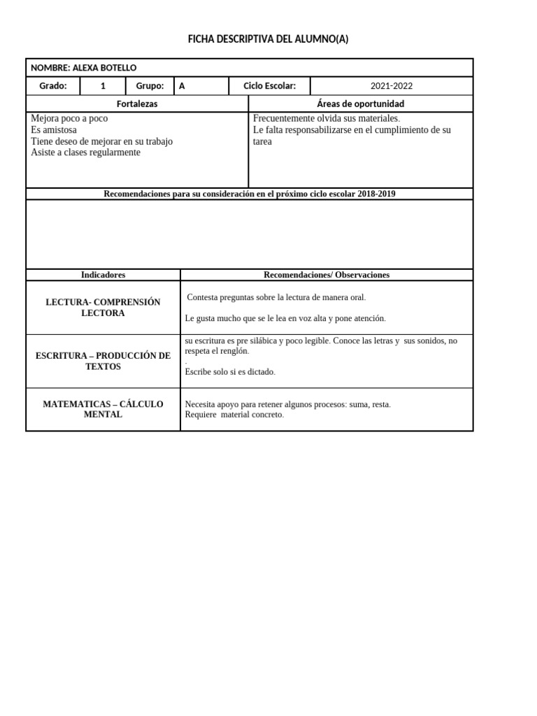 Ficha Descriptiva de Alumno: Alexa Botello | PDF