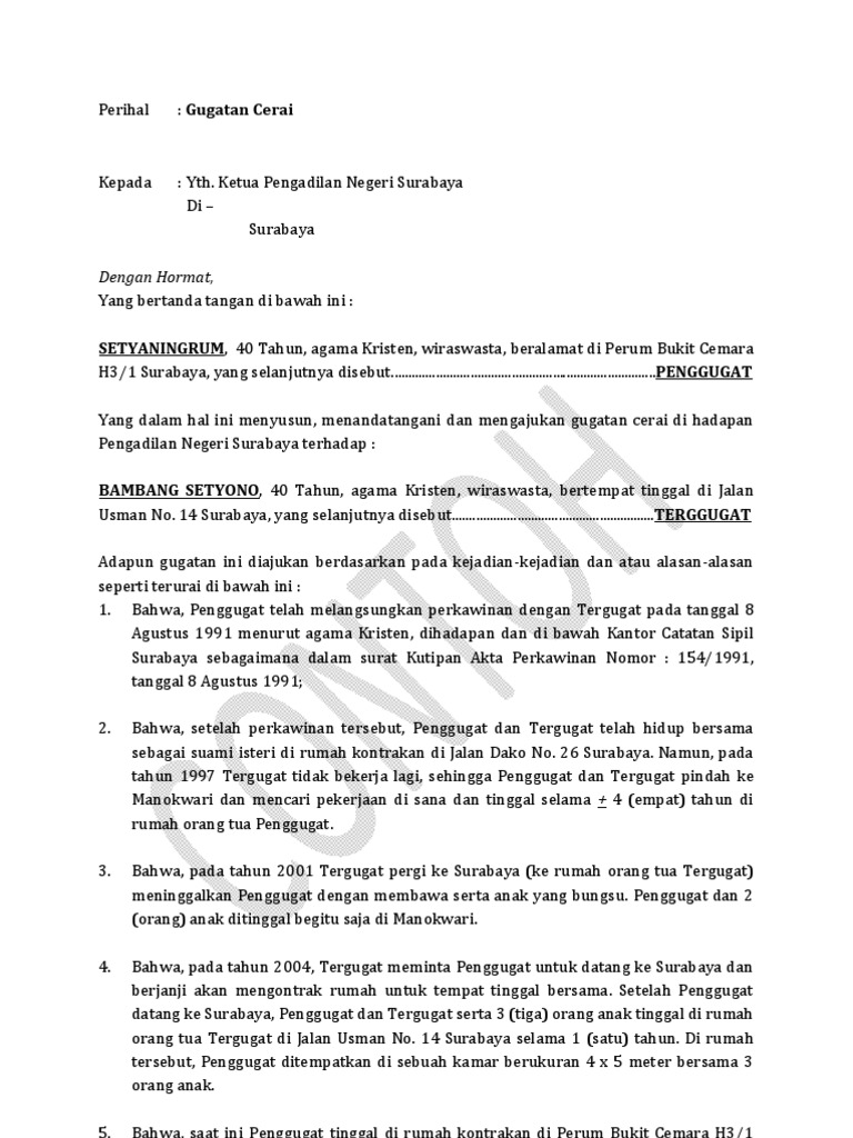 Contoh Surat Gugatan Cerai Catatan Sipil Edukasi Lif Co Id