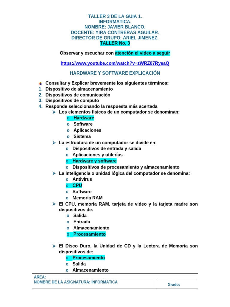 Taller 3 | PDF | Hardware de la computadora | Almacenamiento de datos ...