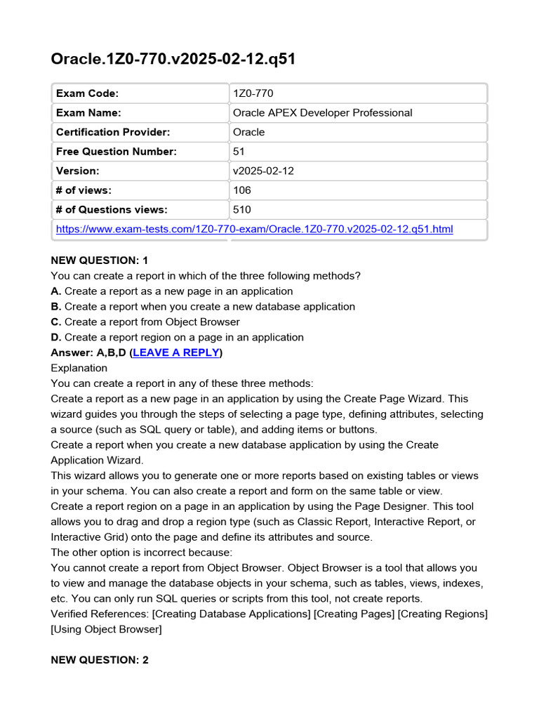 Oracle 1Z0-770 v2025-02-12 q51 | PDF | Databases | Sql