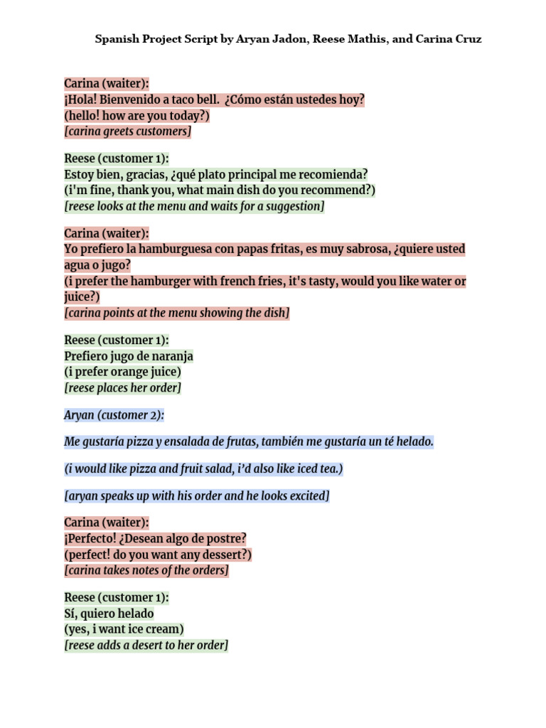 Ordering Food in Spanish Dialogue | PDF | Cuisine | Foods