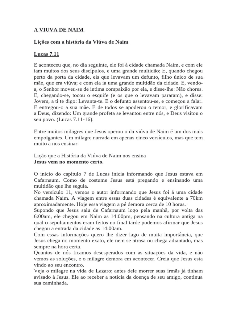 Lições da Viúva de Naim em Lucas 7 | PDF | Jesus | Milagre