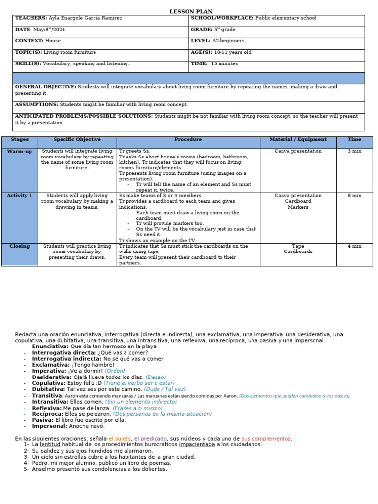 Plan de Clase: Muebles de Sala 5to Grado | PDF | Verbo | Predicado ...