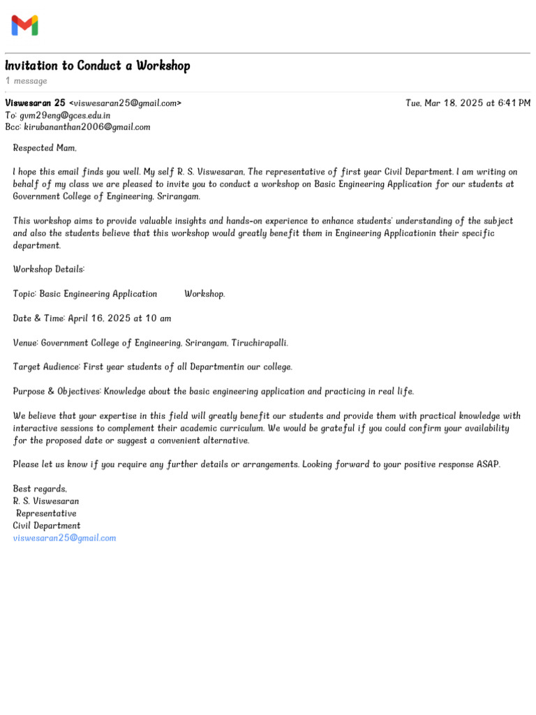 Invitation To Conduct A Workshop | PDF