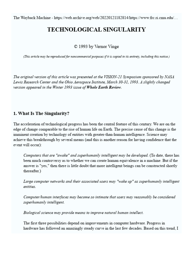 Vinge's 1993 Technological Singularity | PDF | Technological ...