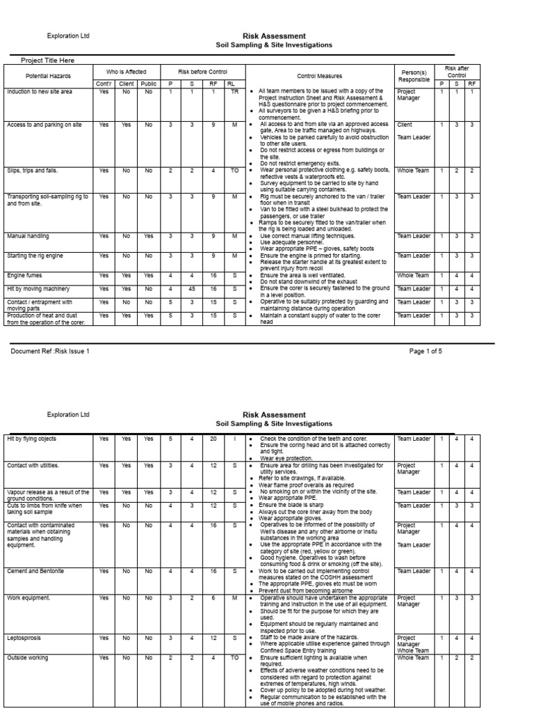 CVE 309 Risk Assessment - Soil Sampling Site Investigations | PDF ...