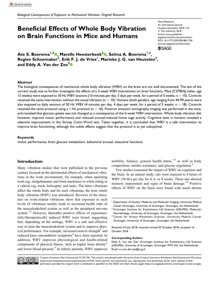 Beneficial Effects of Whole Body Vibration On Brain Functions in Mice ...