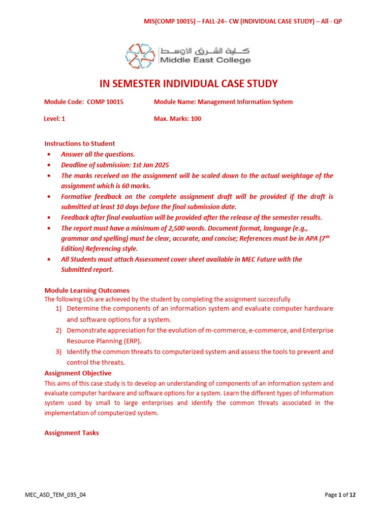 MIS Case Study Guidelines for Fall 2024 | PDF | Evaluation | Reflective ...