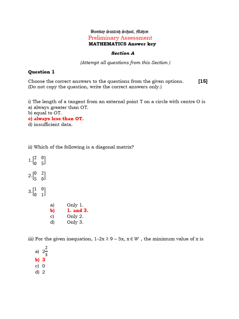 Preliminary Assessment: MATHEMATICS Answer Key | PDF | Inequality ...