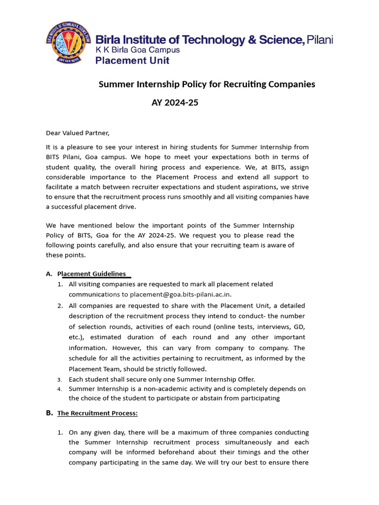 BITS Pilani Summer Internship Policy 2024-25 | PDF | Internship | Job ...
