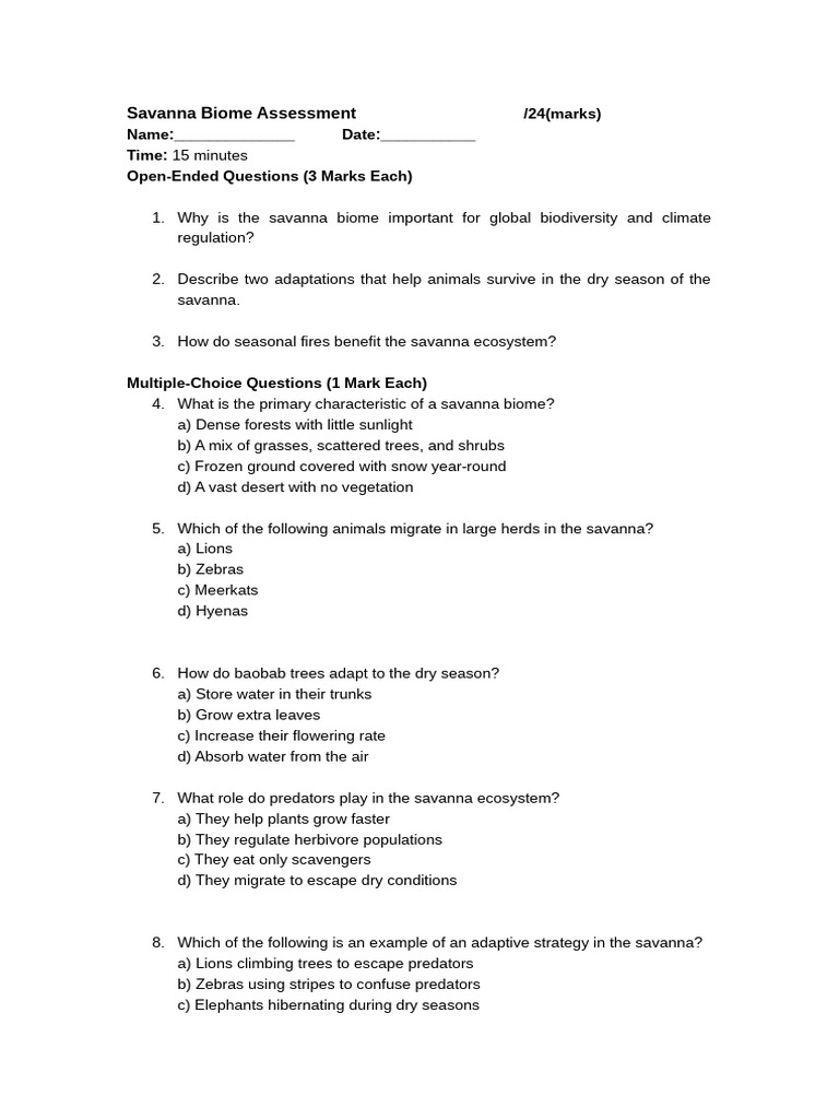 Savanna Biome - After Lesson Test | PDF | Savanna | Plants
