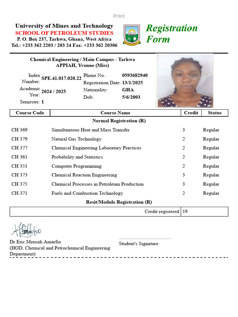UMaT Chemical Engineering Course Registration 2024 | PDF
