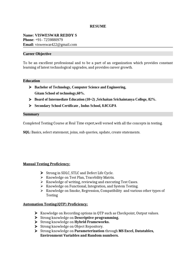 Visweswar Reddy S - Testing Resume | PDF | Microsoft Windows | Software ...