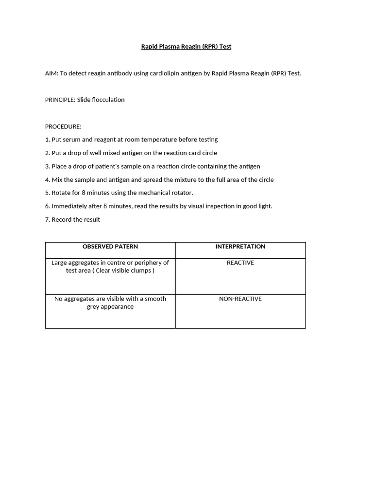 RPR Test Procedure and Interpretation | PDF