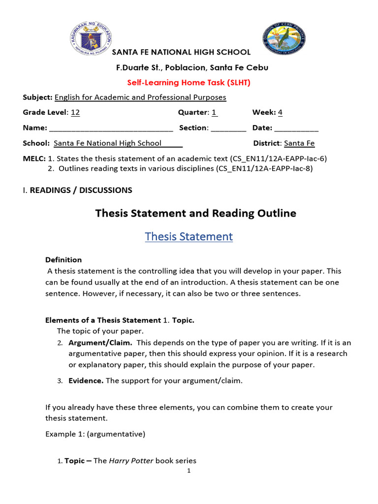 EAPP Q1 Week 4 Thesis Sentence and Reading Outline | PDF | Pregnancy
