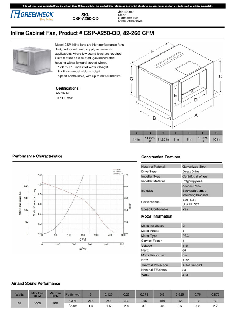 Greenheck CSP-A250-QD Inline Fan Cut Sheet | PDF | Manufactured Goods ...