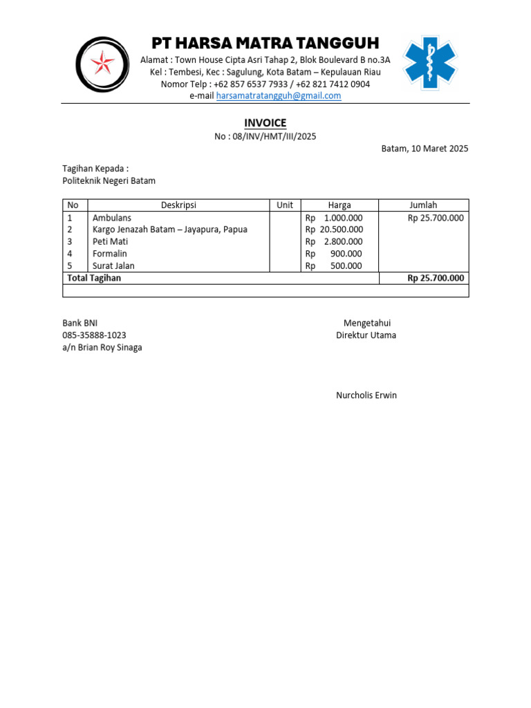 Invoice for Politeknik Negeri Batam | PDF