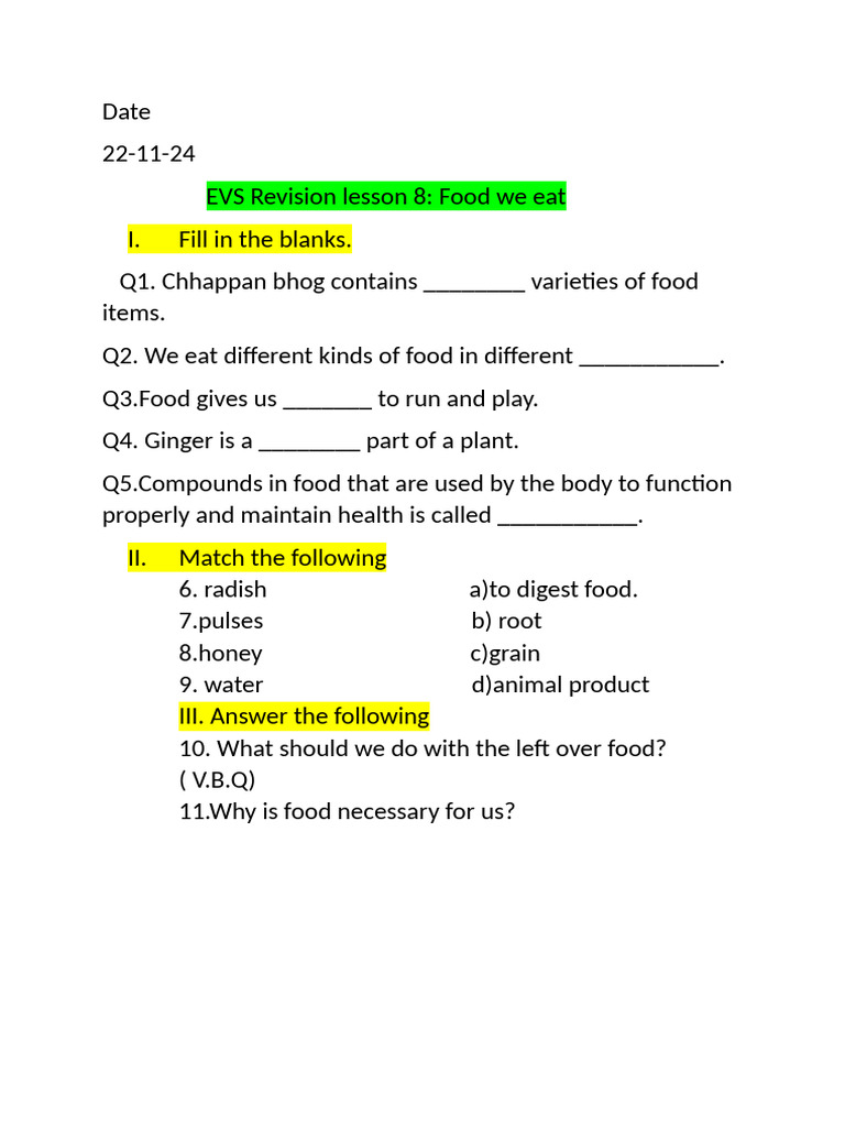 Evs And English Revision Exercises Pdf