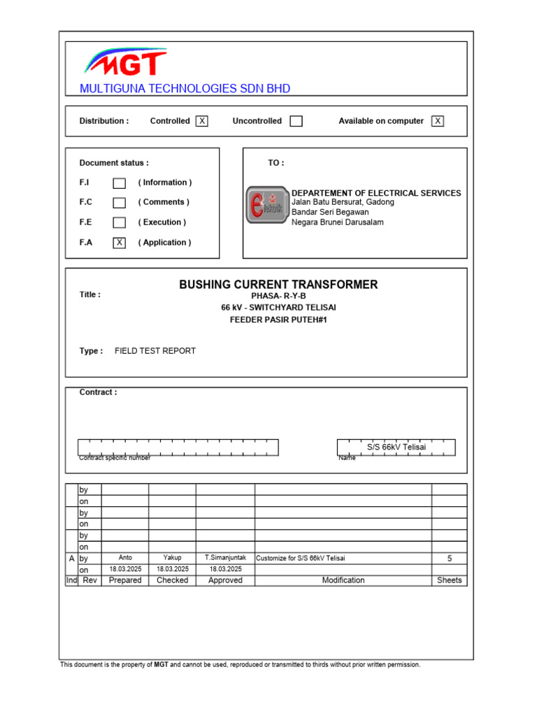 Field Test Report for 66kV Bushing CT | PDF | Electric Power | Equipment