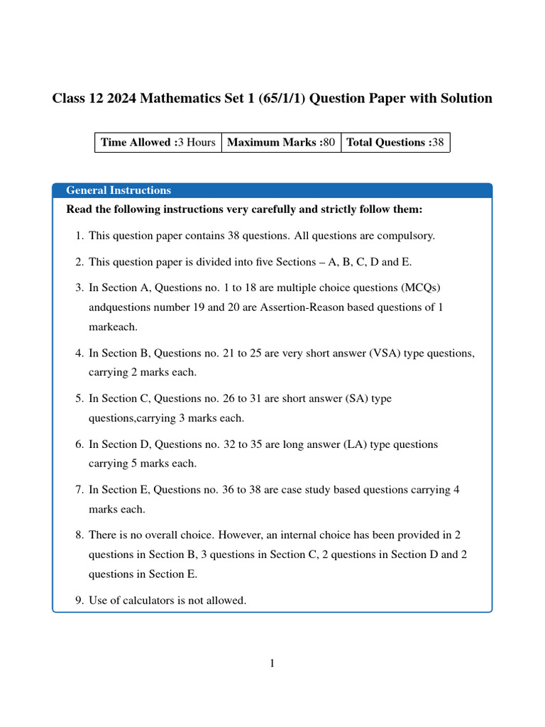 Class 12 2024 Math Set 1 Question Paper | PDF | Function (Mathematics ...
