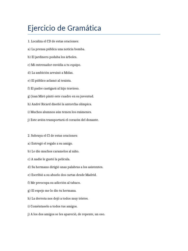Ejercicio de Gramática: Complementos | PDF