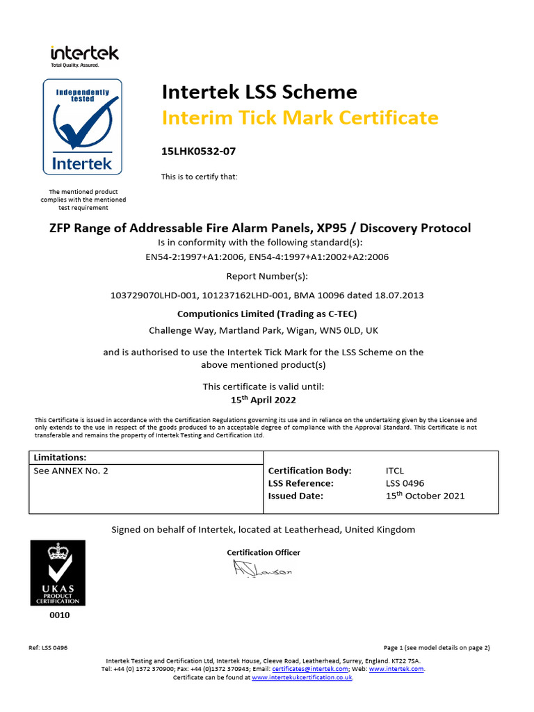 Intertek Interim Tick Mark Certificate | PDF