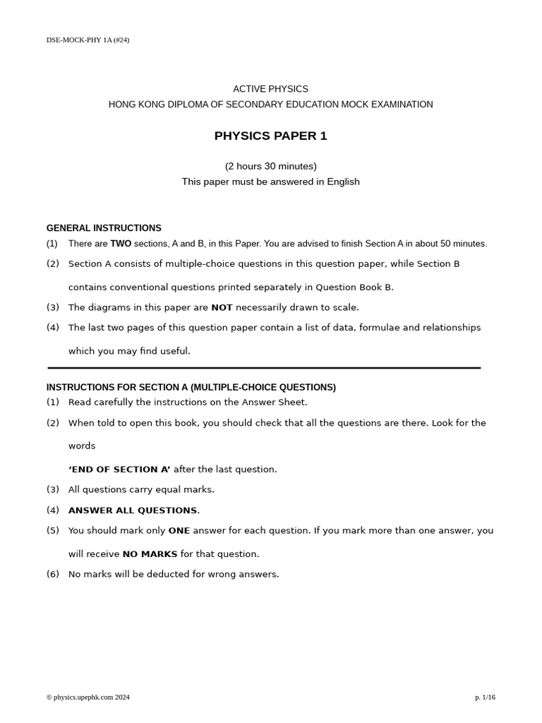 HKDSE Physics Mock Exam Paper 1 | PDF | Waves | Frequency