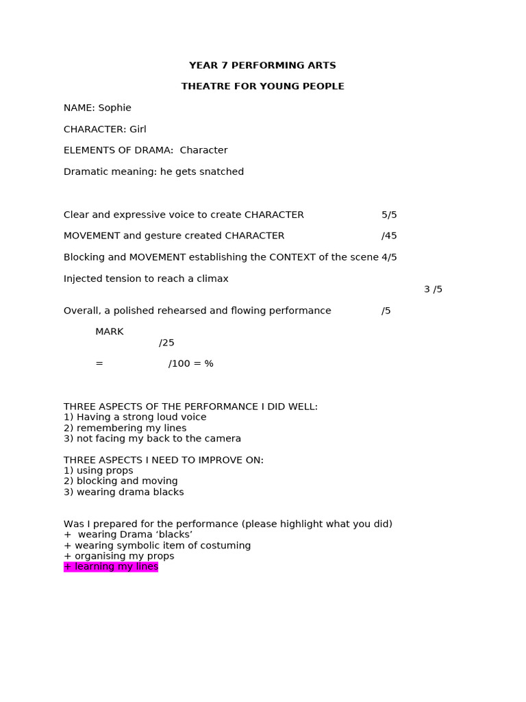 Year 7 Drama Performance Review | PDF
