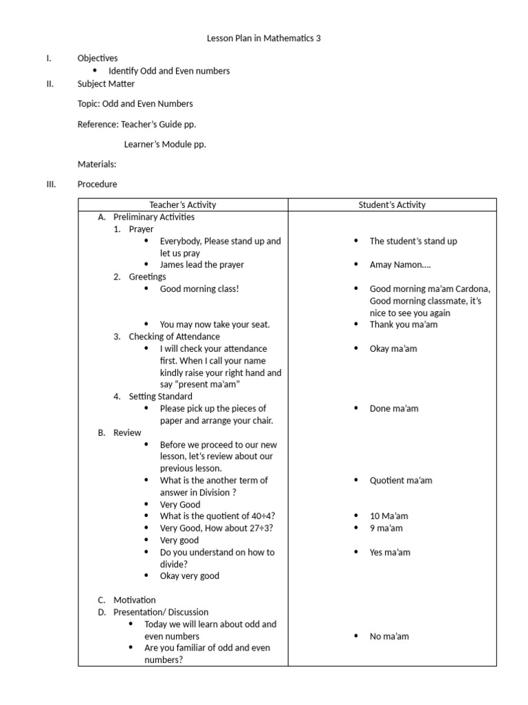 Lesson Plan in Mathematics 3 | PDF | Cognition | Teaching