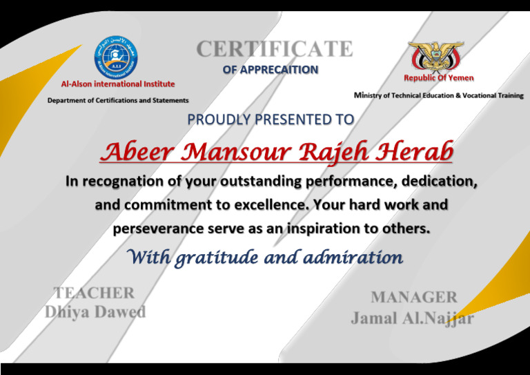 Certificate of Appreciation for Abeer Herab | PDF