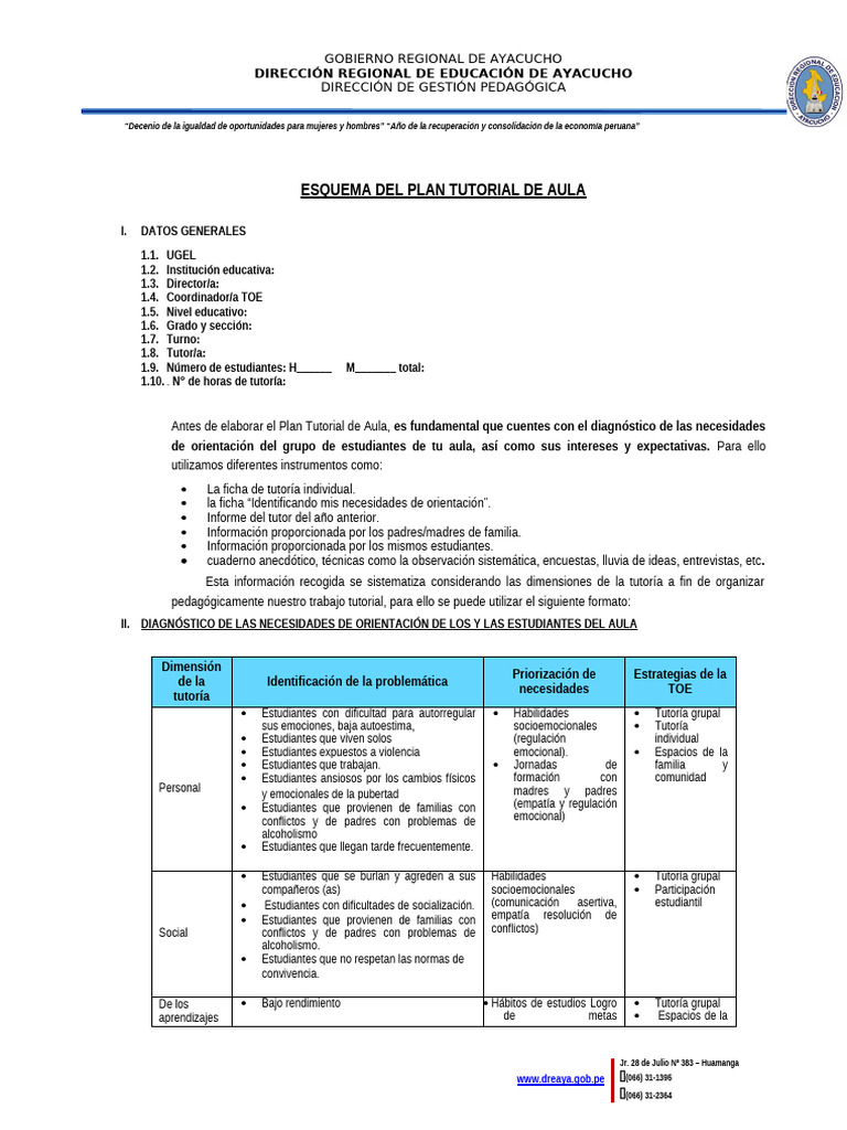 Plan Tutorial de Aula en Ayacucho | PDF | Las emociones | Salón de clases
