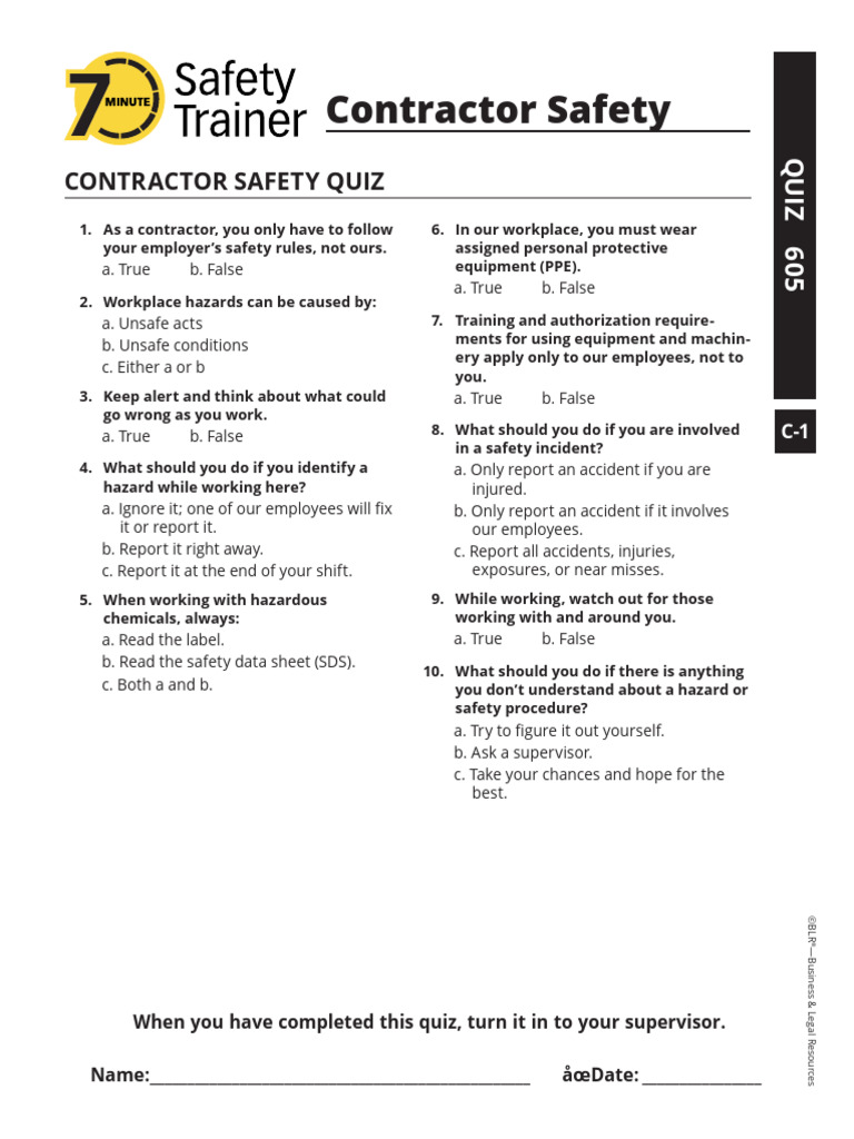 Contractor Safety Quiz | PDF | Occupational Safety And Health ...