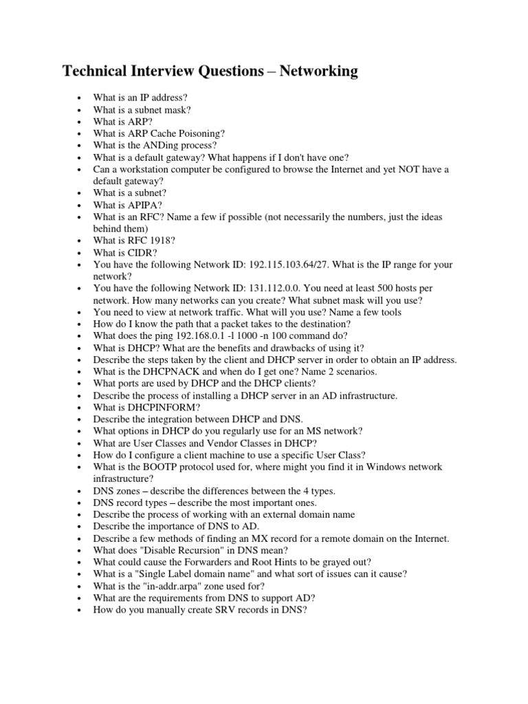 Technical Interview Questions Networking PDF Hyper V Remote