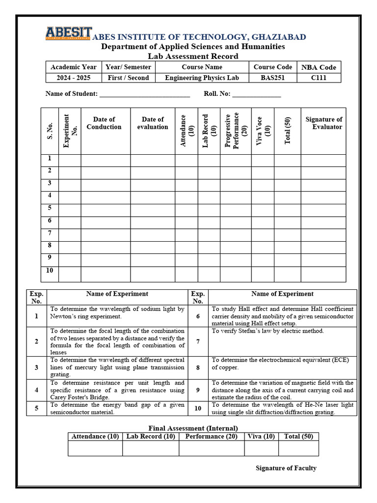 Lab Assessment Record for Engineering Physics | PDF | Diffraction ...