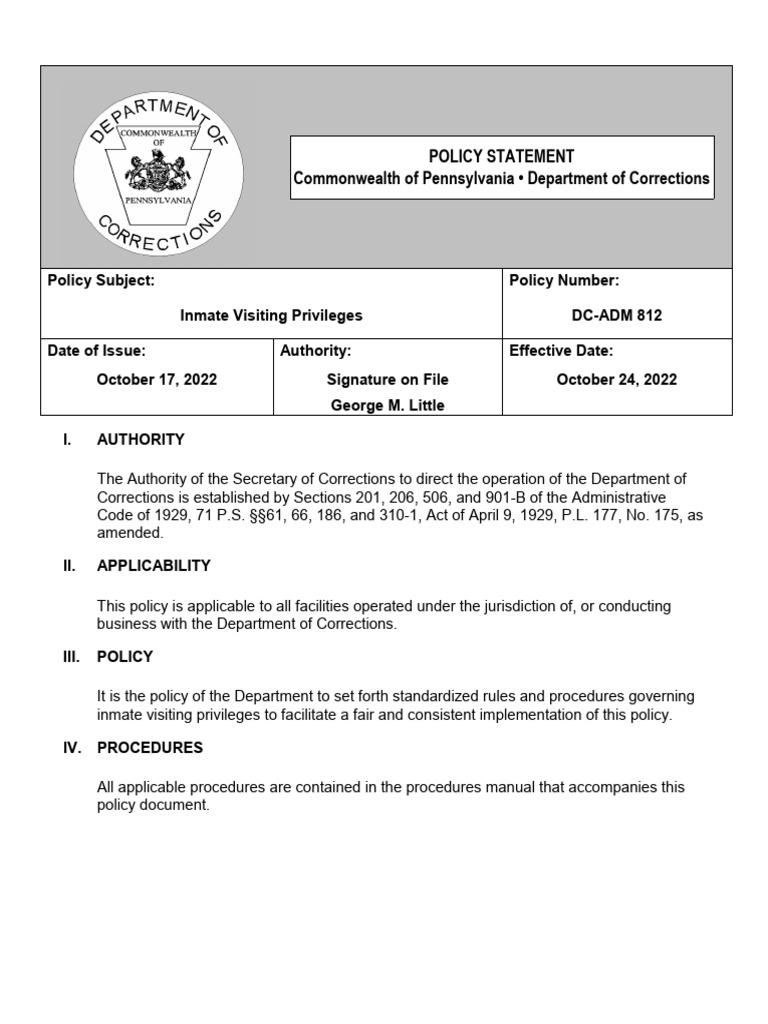Inmate Visiting Privileges Policy DC-ADM 812 | PDF | Identity Document ...