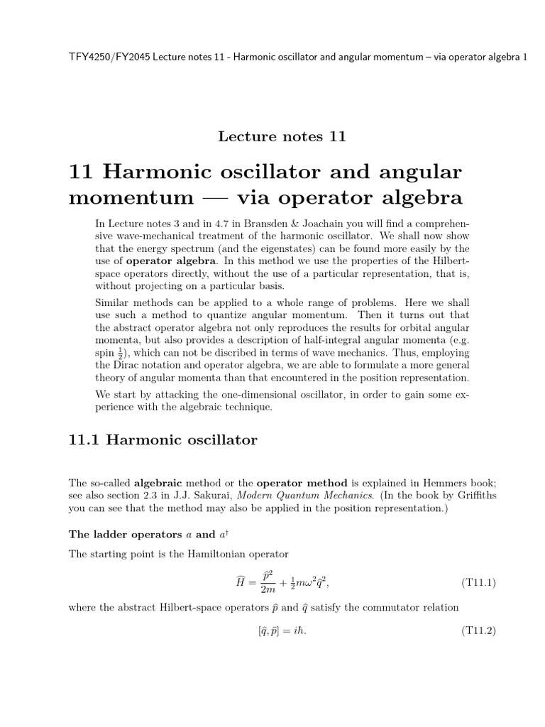 Harmonic Oscillator & Angular Momentum Algebra | PDF | Eigenvalues And ...