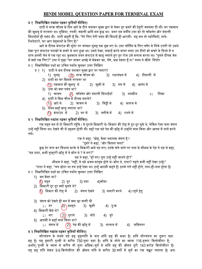 Hindi Model Question Paper | PDF