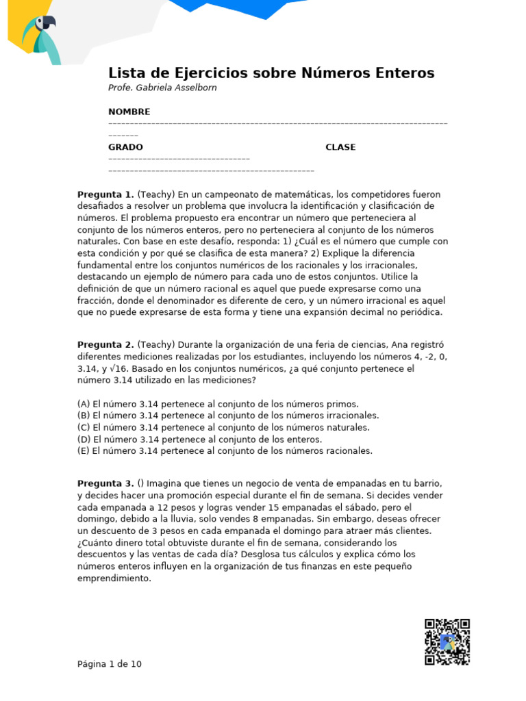 Lista de Ejercicios Sobre Nmeros Enteros | PDF | Números | Número racional