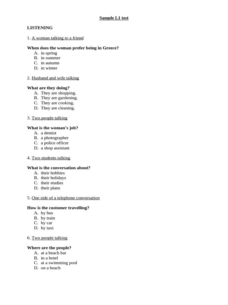L1 Listening Comprehension Test Questions | PDF