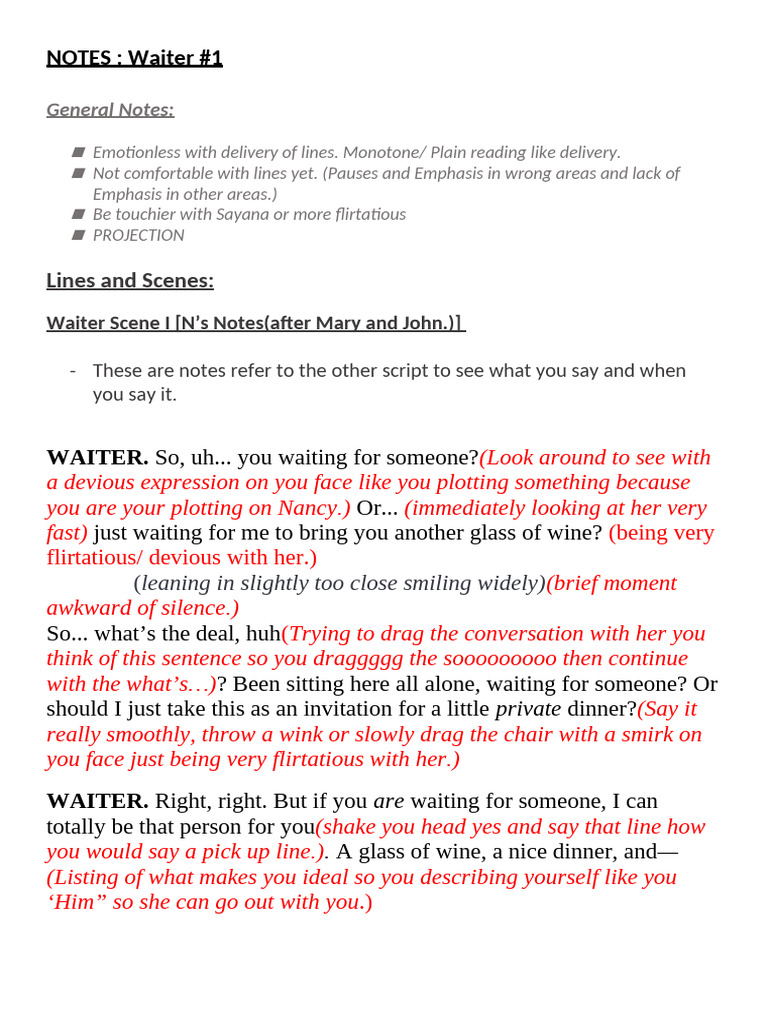 Flirtatious Waiter Scene Notes | PDF