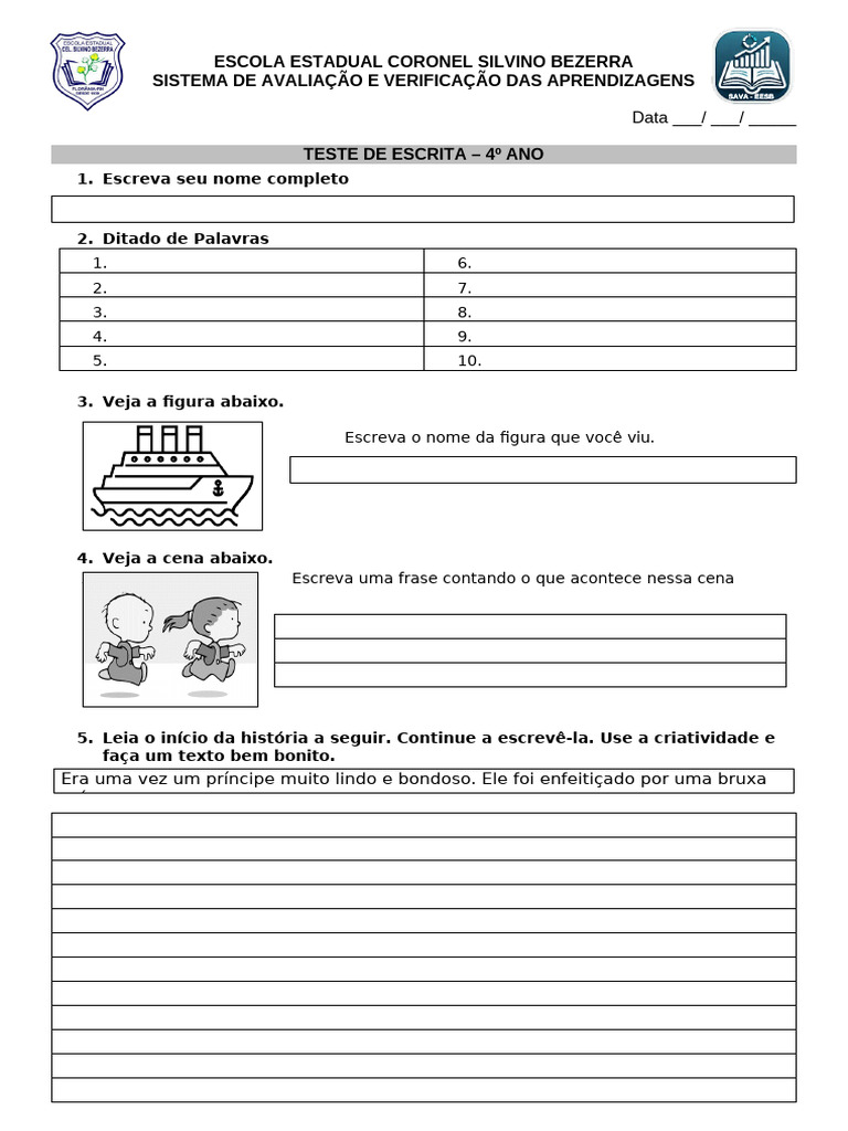 Teste de Escrita para 4º Ano Escolar | PDF