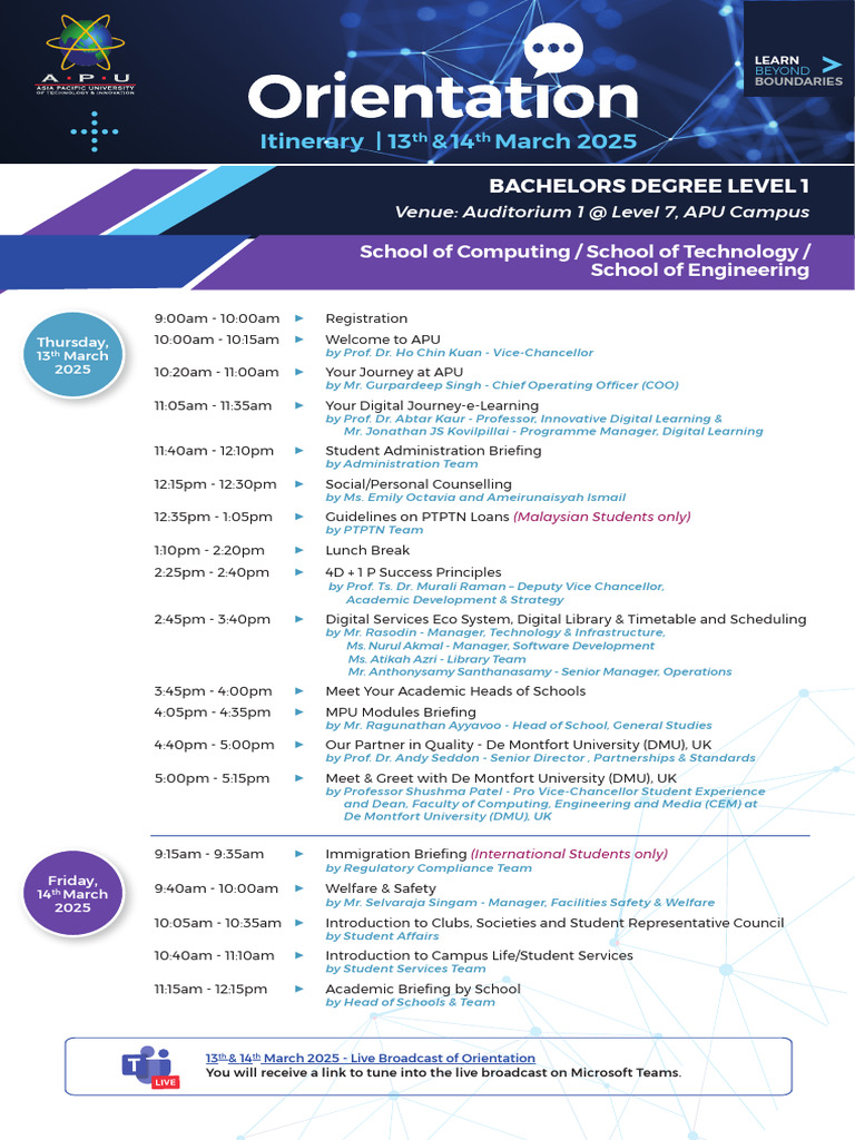 APU Orientation Schedule 2025 | PDF | Educational Personnel | Academic ...