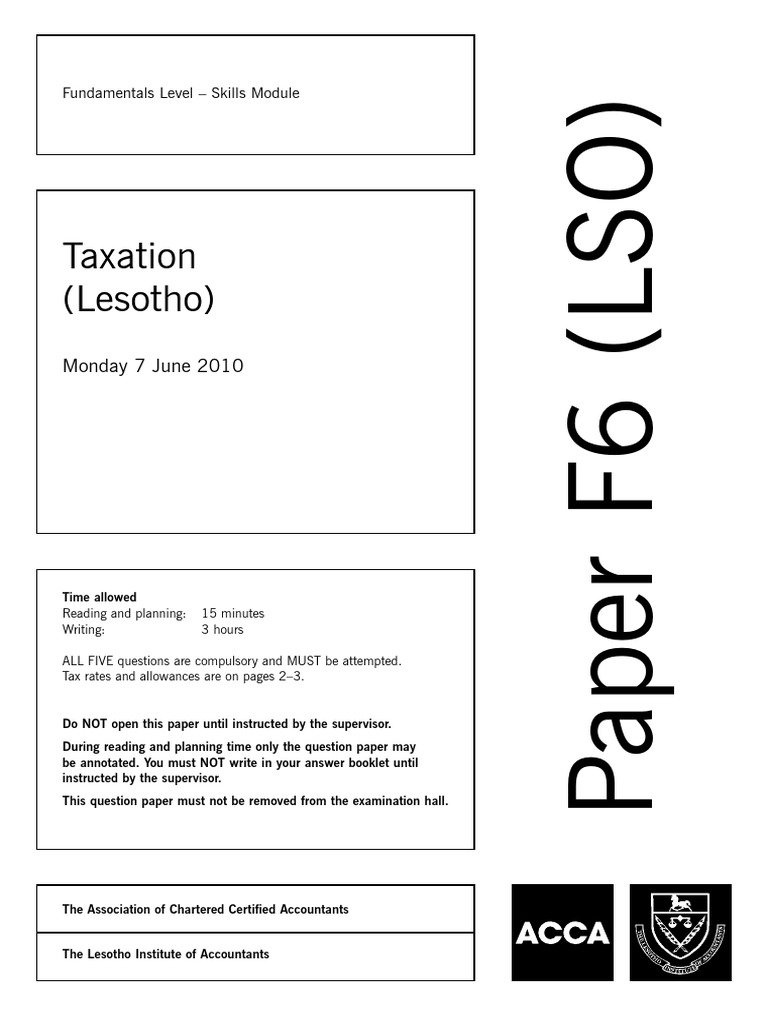 Lesotho Taxation Exam Paper F6 (2010) | PDF | Value Added Tax ...