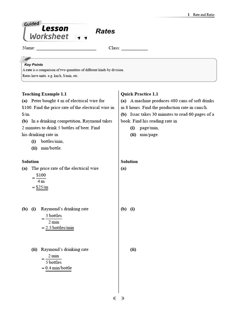 Rates: Teaching Example 1.1 (A) Quick Practice 1.1 (A) (B) (I) (Ii ...
