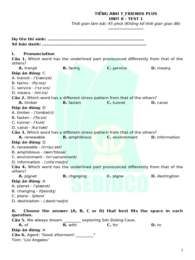 Tieng Anh 7 Friends Plus - Unit 8 - Test 1 (Key) | PDF | Renewable ...
