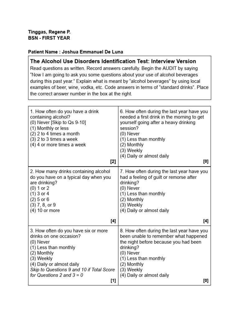 AUDIT for Alcohol Use Assessment | PDF | Alcoholic Beverages | Drink