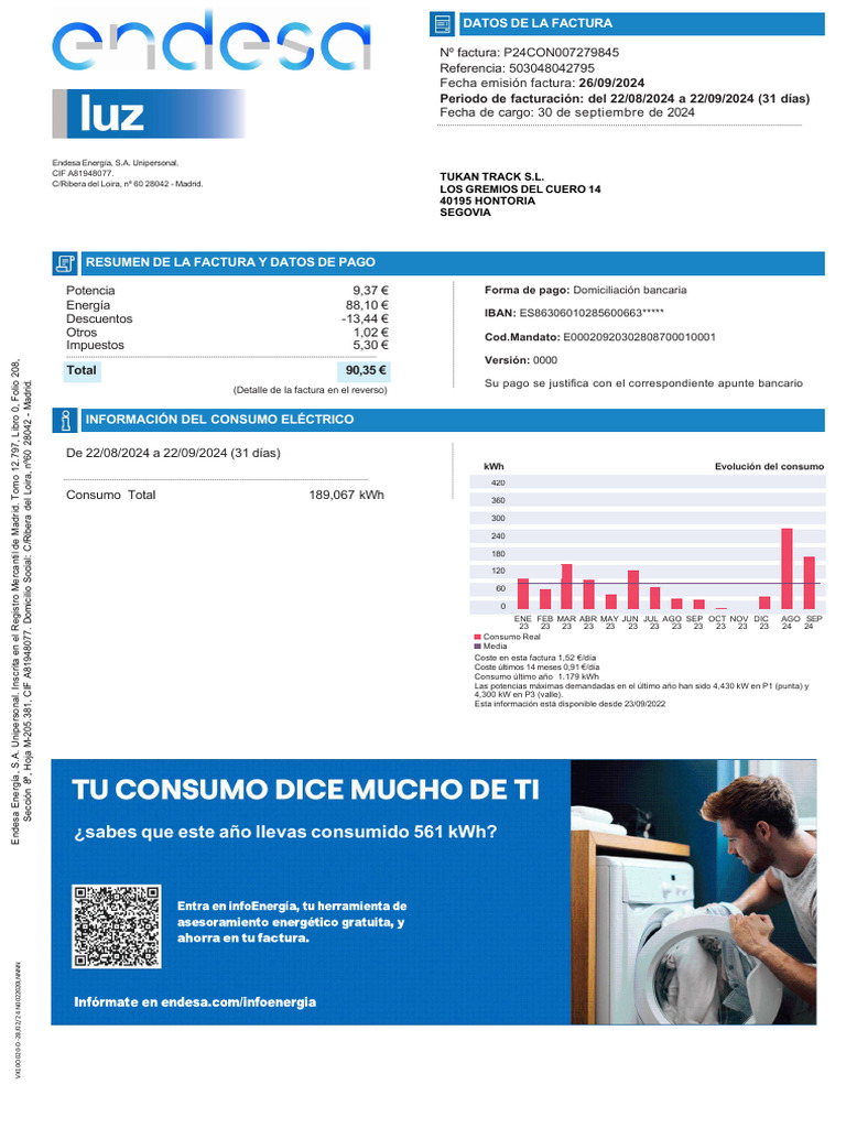Consumo eléctrico y factura de Endesa | PDF
