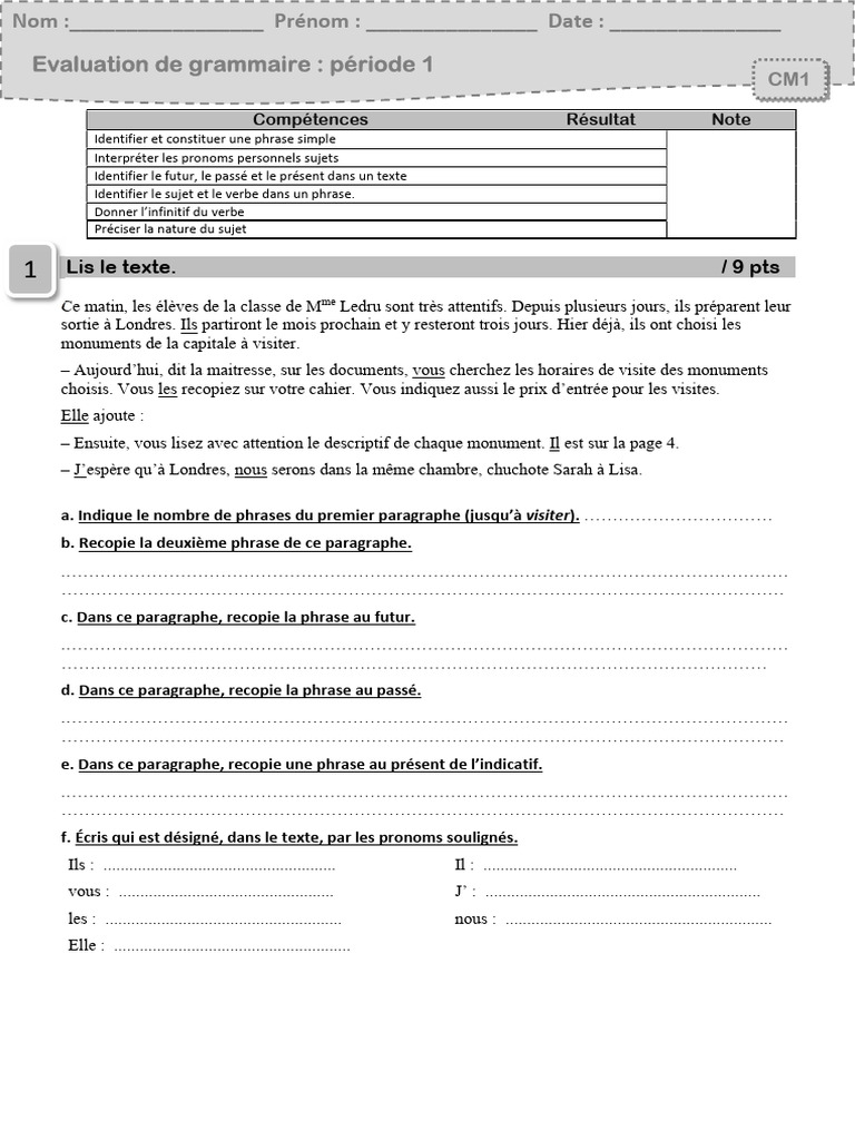 Évaluation de grammaire CM1 - Période 1 | PDF | Sujet (Grammaire) | Phrase