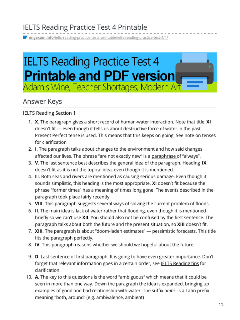 IELTS Reading Practice Test 4 Answers | PDF | Adjective | Linguistic ...